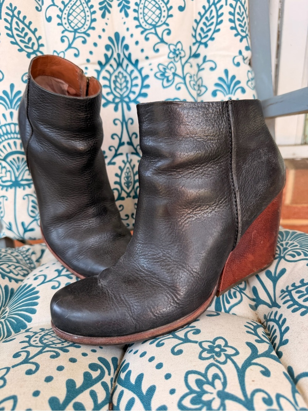 Kork-Ease Black Leather Wedge Ankle Boots with Brown Wedge